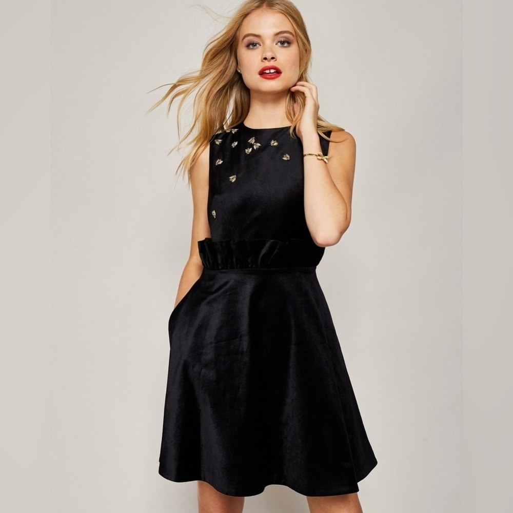 TED BAKER | CELEENA QUEEN BEE RUFFLE MINI DRESS FIT & FLARE BLACK SIZE 2